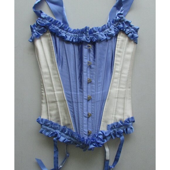 Blue Cream Ruffled Steel Boned Corset Set - NEW - Picture 6 of 13